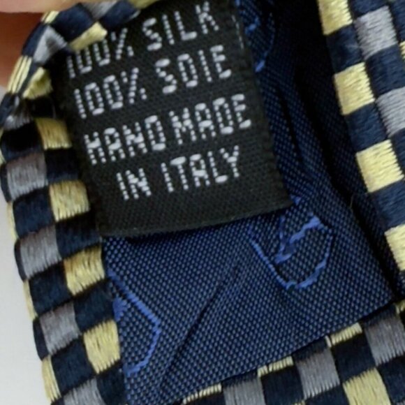 VALENTINO 100% Silk Made in Italy Checked Geometric Gold Gray & Black Tie 54" - Picture 5 of 5